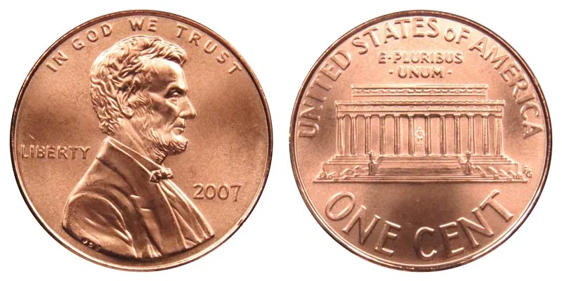 2007 Lincoln Memorial penny obverse and reverse showing Lincoln portrait and Memorial building