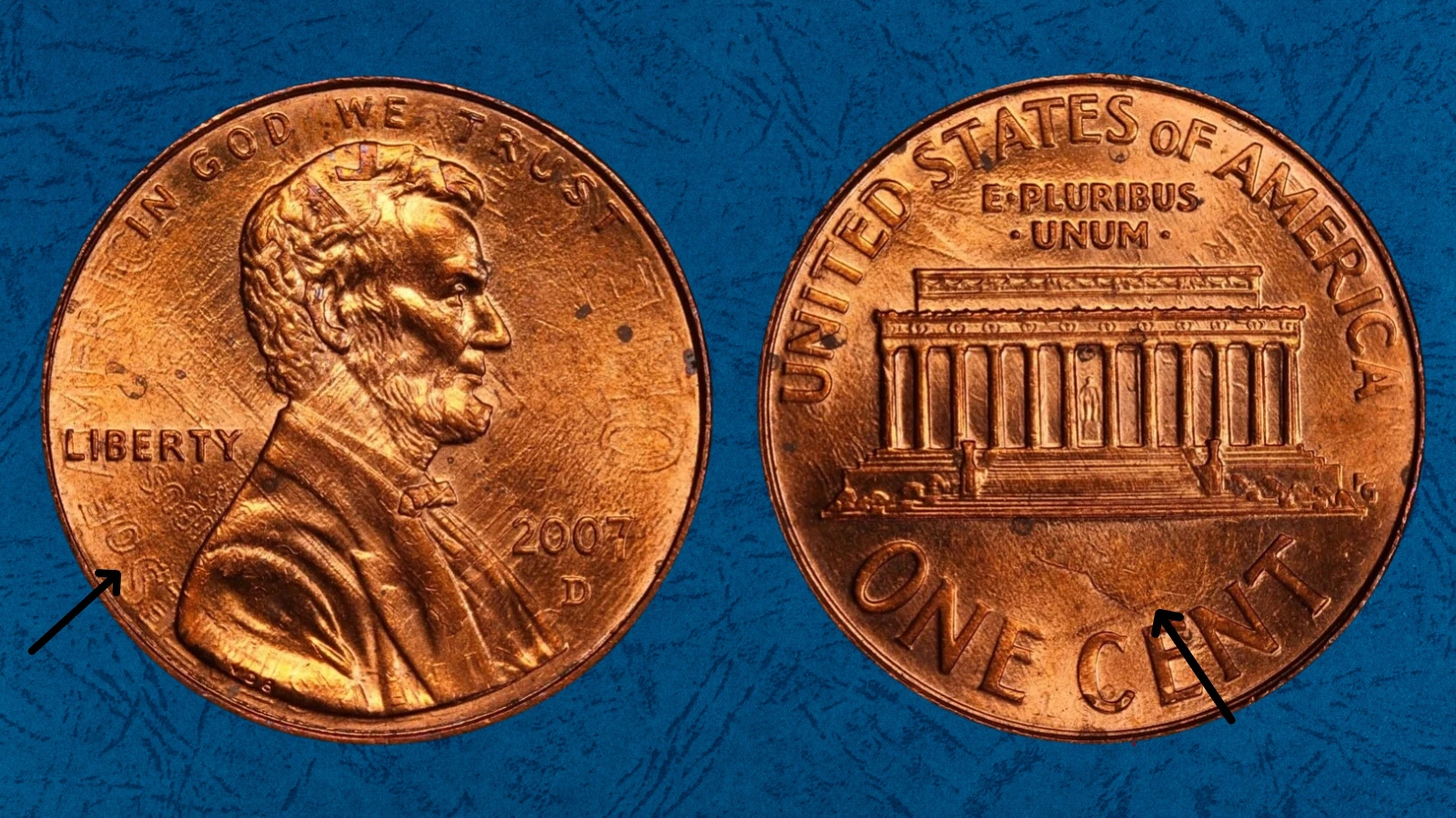 Side-by-side comparison of normal 2007 penny versus flip-over double strike error showing overlapping impressions