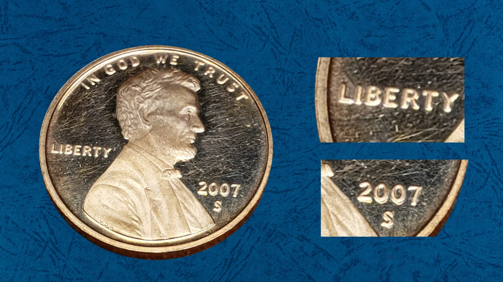 2007 penny doubled die obverse close-up showing doubling in LIBERTY lettering and Lincoln eye area
