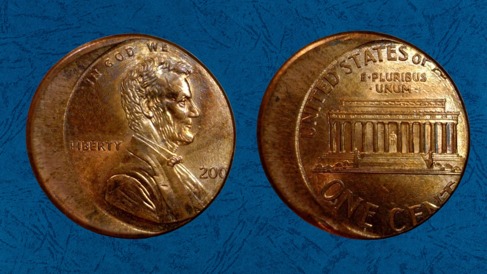 2007 penny off-center strike error showing missing design and crescent blank area