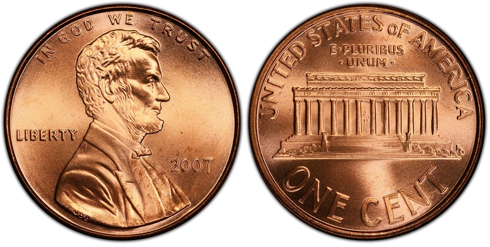 2007 penny grading strip showing four condition tiers from worn to gem uncirculated